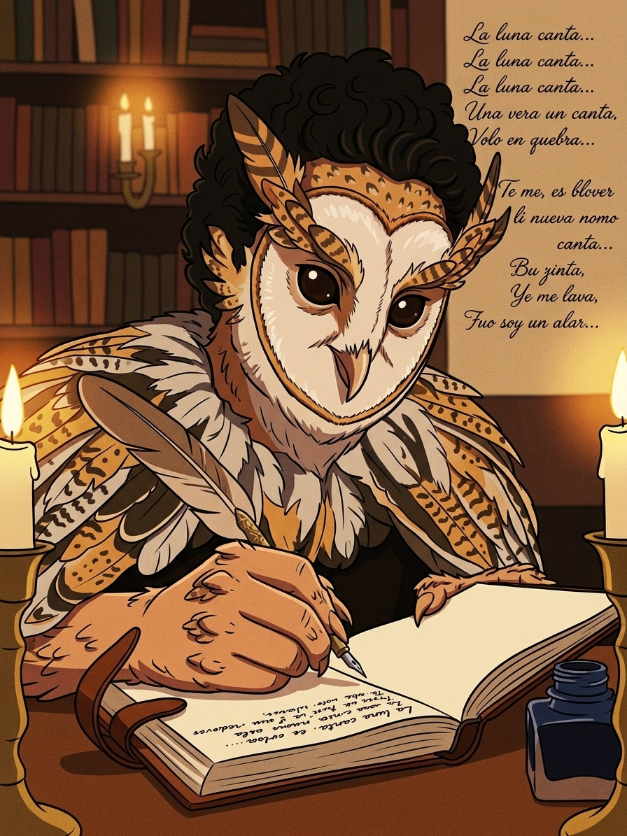 El poeta buho escribiendo versos a la luz de las velas
